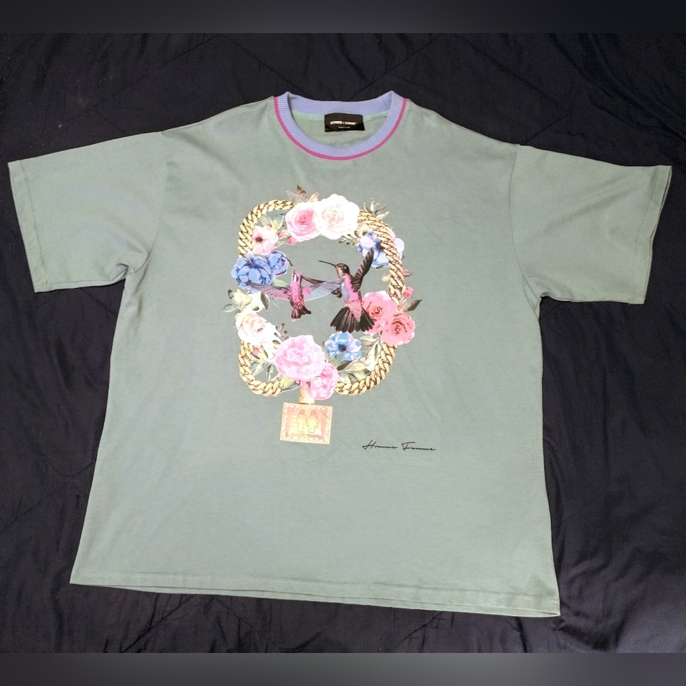 Homme Femme Streetwear Light Teal Chain Bird Graphic Tee Adult Size 2XL